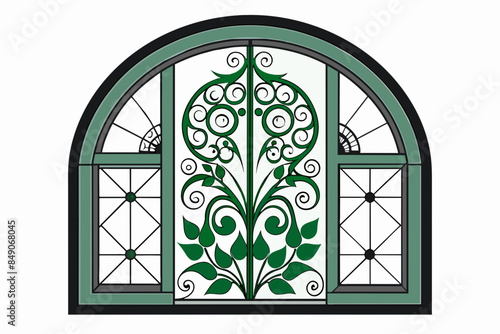 Steel Window with Floral Design,architecture, entrance, glass, wall, interior, wooden, doorway, illustration, room, design, open, front, vector, building, doors, old, closed, 