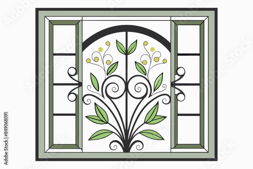 Steel Window with Floral Design,architecture, entrance, glass, wall, interior, wooden, doorway, illustration, room, design, open, front, vector, building, doors, old, closed, 