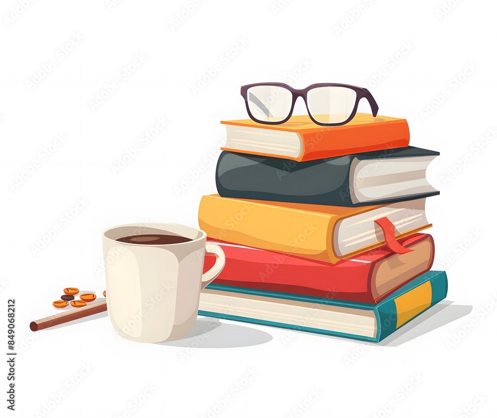 Pile of books with a coffee cup and glasses illustration on a white background, with a simple design, flat colors, no shadows, and high resolution as a vector graphic isolated on the white Pile of books with a coffee cup and glasses illustration on a white background, with a simple design, flat colors, no shadows, and high resolution as a vector graphic isolated on the white