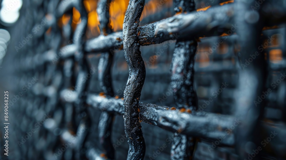 Detailed view of a textured and oxidized metal fence with a dark, moody atmosphere Detailed view of a textured and oxidized metal fence with a dark, moody atmosphere