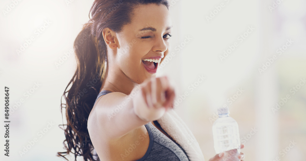 Sports, water and portrait of woman with point for workout, fitness motivation and opportunity. Wink, athlete and female person with hand gesture in gym for exercise, achievement and feedback of vote Sports, water and portrait of woman with point for workout, fitness motivation and opportunity. Wink, athlete and female person with hand gesture in gym for exercise, achievement and feedback of vote
