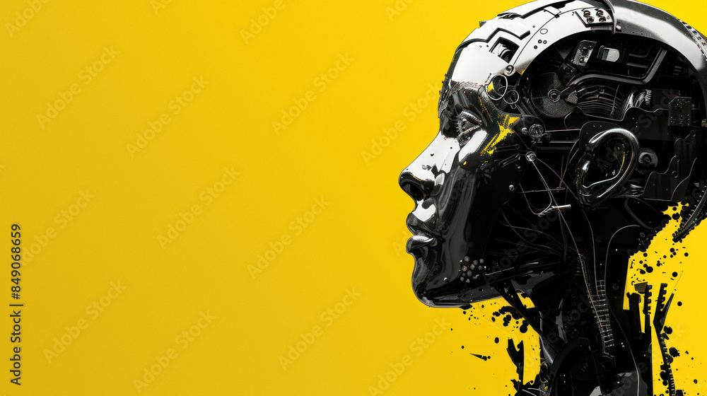Close-up of black detailed robot head profile Close-up of black detailed robot head profile