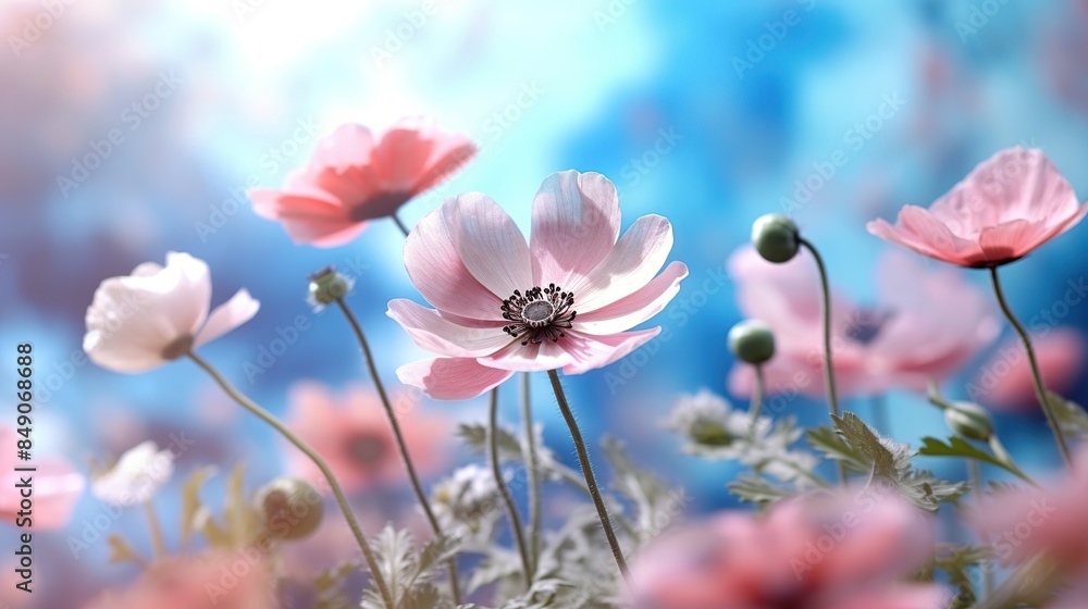 Beautiful pink flowers anemones fresh spring morning on nature and flying blue butterfly on soft blue background Beautiful pink flowers anemones fresh spring morning on nature and flying blue butterfly on soft blue background