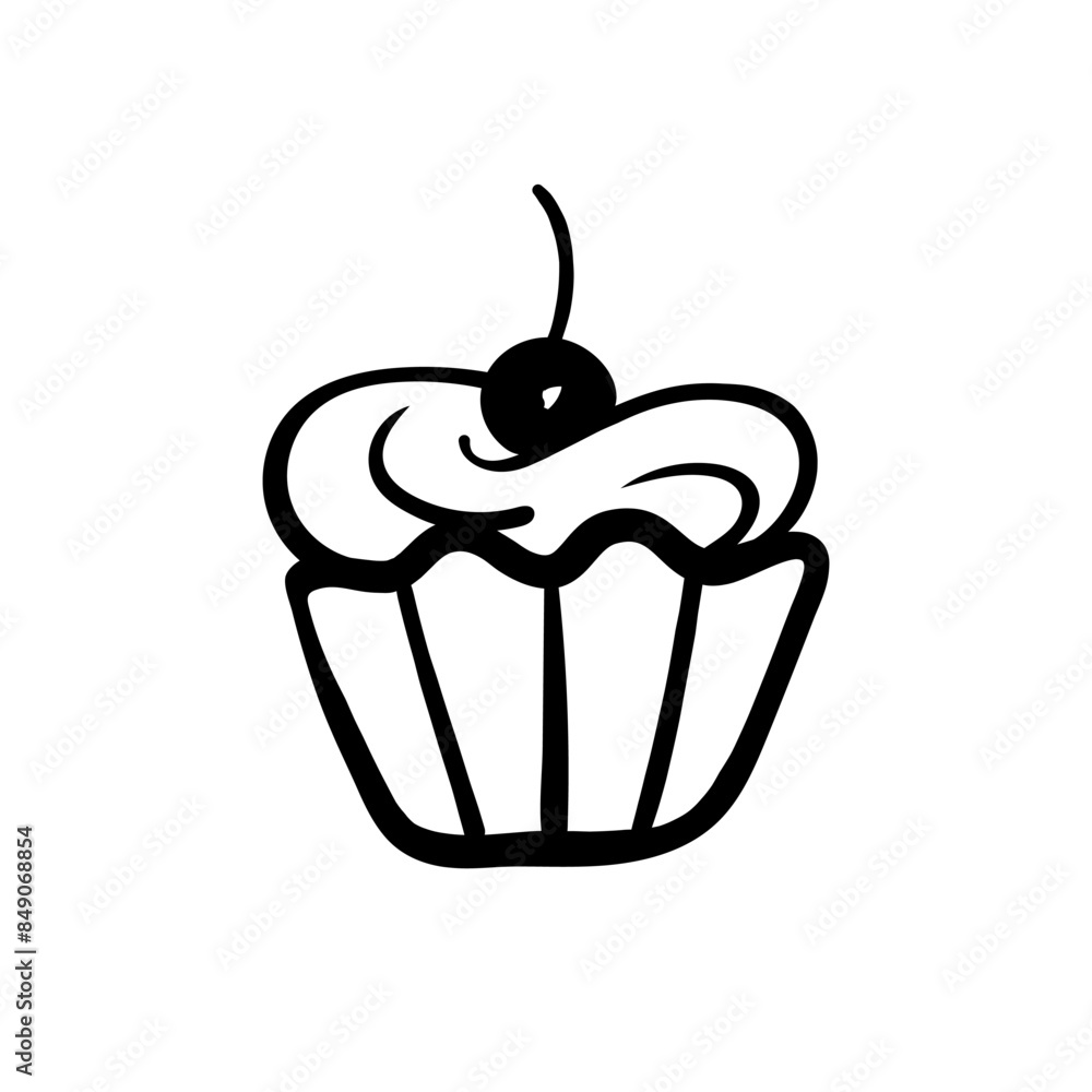 Cherry cupcake line sketch. Black line vector hand drawn illustration isolated on white background. Cherry cupcake line sketch. Black line vector hand drawn illustration isolated on white background.