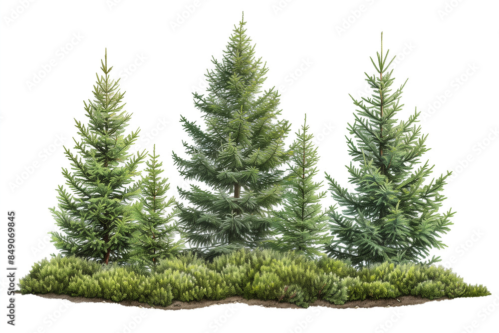 Fir trees in forest. Garden design isolated on white background. Decorative shrub for landscaping. High quality clipping mask. Also available on transparent background in PNG format.
Fir trees in forest. Garden design isolated on white background. Decorative shrub for landscaping. High quality clipping mask. Also available on transparent background in PNG format.