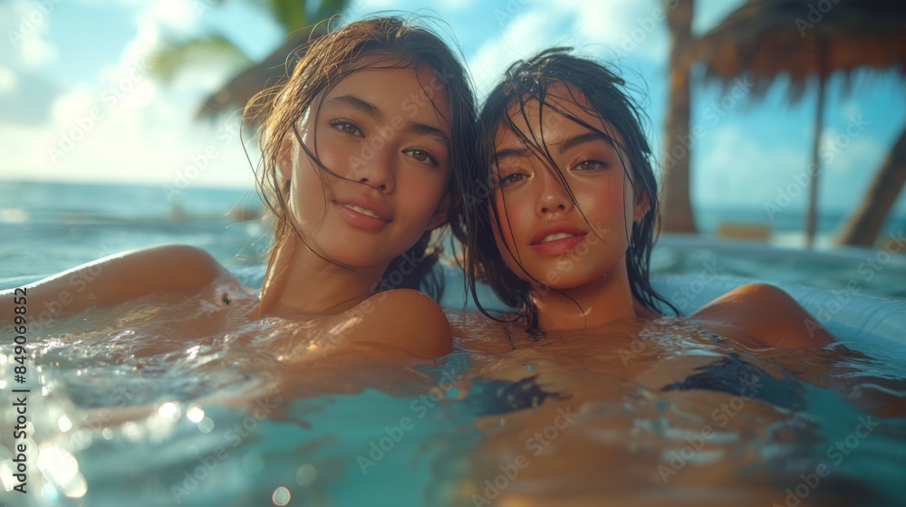 Two Asian girlfriends swim in the pool with cocktails near palm trees and sky Two Asian girlfriends swim in the pool with cocktails near palm trees and sky