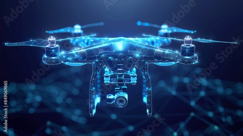 Drone flying with action video camera on dark blue background