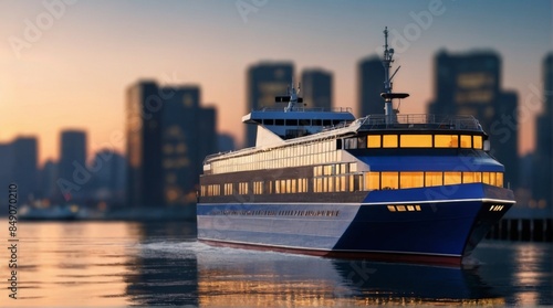 Rendering of a ferry approaching a dock in a port with numerous urban buildings in the background