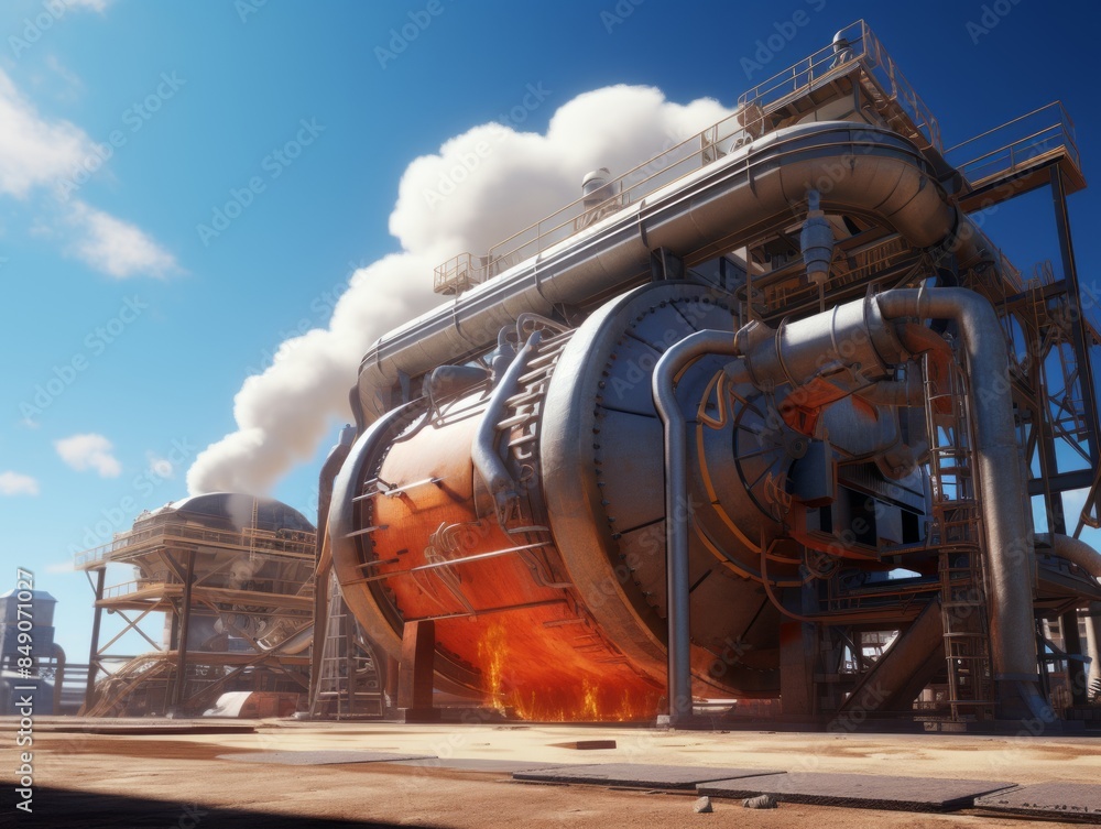 A large metal industrial machine with numerous pipes is located in the factory. A large metal industrial machine with numerous pipes is located in the factory.