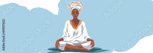 0Vector bright design of international yoga day with place for text. A beautiful woman in a headscarf meditates. Practice body poses in yoga. Celebrating Yoga Day. Banner, poster or greeting card