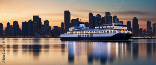Rendering of a ferry approaching a dock in a port with numerous urban buildings in the background