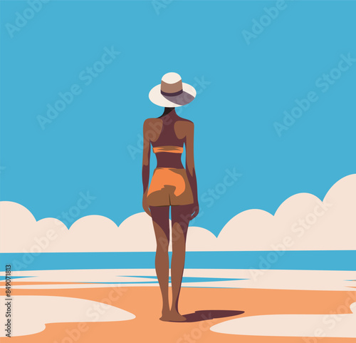  Vector summer design of a tanned woman in a yellow swimsuit and a hat walking along the beach, relaxing on the beach, on vacation, tourism