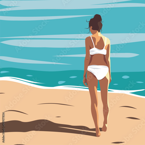 Vector summer design tanned woman in a white swimsuit goes swimming in the ocean or sea, view from the back. Banner, poster vacation on the beach, walk along the beach, on vacation, tourism