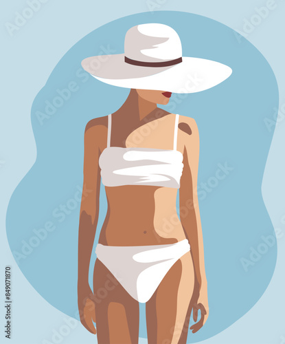 Vector summer design tanned woman in a white swimsuit goes swimming in the ocean or sea, view from the back. Banner, poster vacation on the beach, walk along the beach, on vacation, tourism