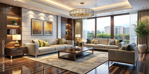 Modern Living Room with Large Windows and Wood Accents