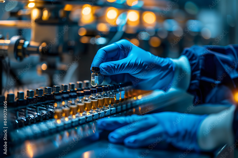 Medicine, vaccine concept, a hand wearing medical gloves is operating drugs on the assembly line Medicine, vaccine concept, a hand wearing medical gloves is operating drugs on the assembly line