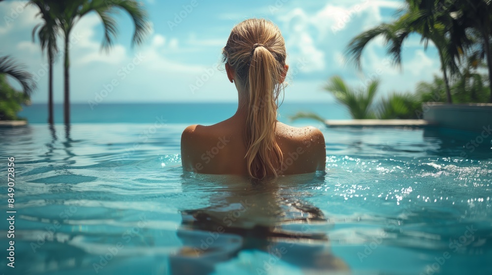 A girl swims in the pool from the back and looks at the sea horizon A girl swims in the pool from the back and looks at the sea horizon