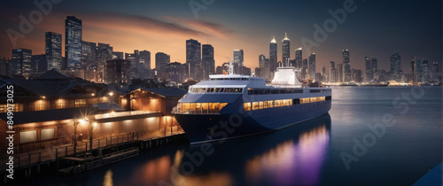 Rendering of a ferry approaching a dock in a port with numerous urban buildings in the background