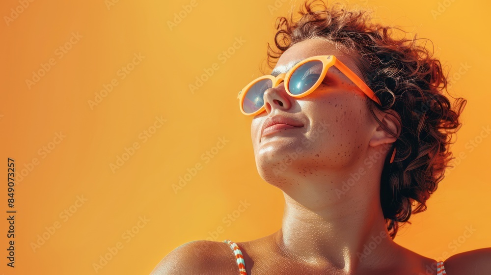 Fat woman in swimsuit and sunglasses on orange background Fat woman in swimsuit and sunglasses on orange background