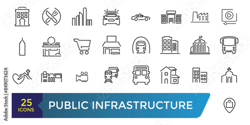 Public infrastructure icon set. Collection and pack of linear web and ui icons. Editable stroke. Vector illustration
