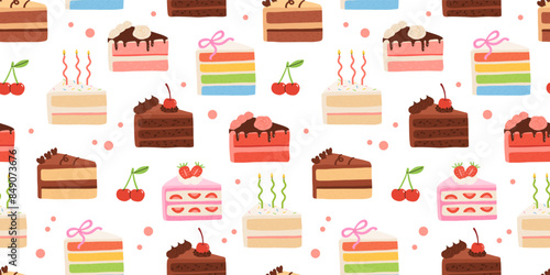 Birthday cake slices seamless pattern. Sweet holiday bakery pieces collection. Pastry chocolate fruit, berry dessert with candles for breakfast. Vector hand drawn flat cartoon illustration