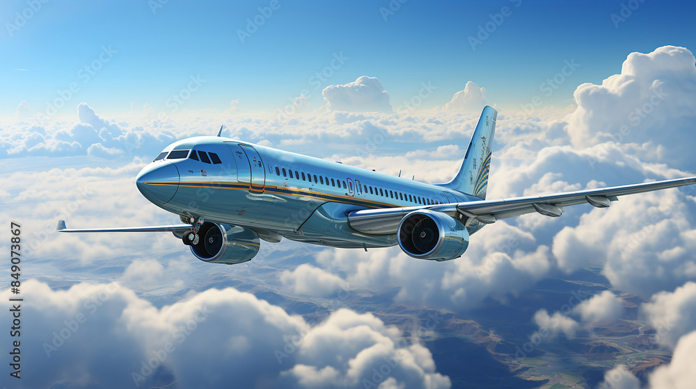 Obraz premium A commercial aircraft soars through blue skies, surrounded by breathtaking clouds in a stunning 3D-rendered background.