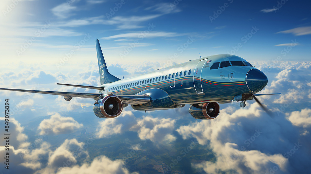 Fototapeta premium A commercial aircraft soars through blue skies, surrounded by breathtaking clouds in a stunning 3D-rendered background.