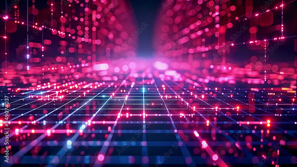 Abstract neon mesh background with glowing lines and geometric patterns on a dark background. Generative AI Abstract neon mesh background with glowing lines and geometric patterns on a dark background. Generative AI