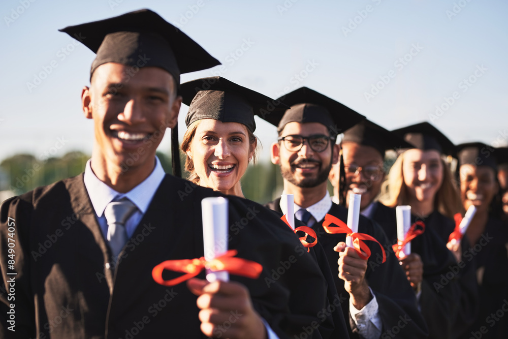 Certificate, graduation and portrait of student friends outdoor on campus together for ceremony or event. Diversity, education and smile in line with group of happy graduate people at university Certificate, graduation and portrait of student friends outdoor on campus together for ceremony or event. Diversity, education and smile in line with group of happy graduate people at university