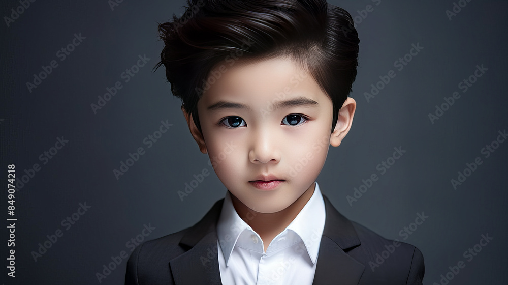 Portrait of a cute handsome happy Asian boy child with perfect skin, gray silver background, banner.