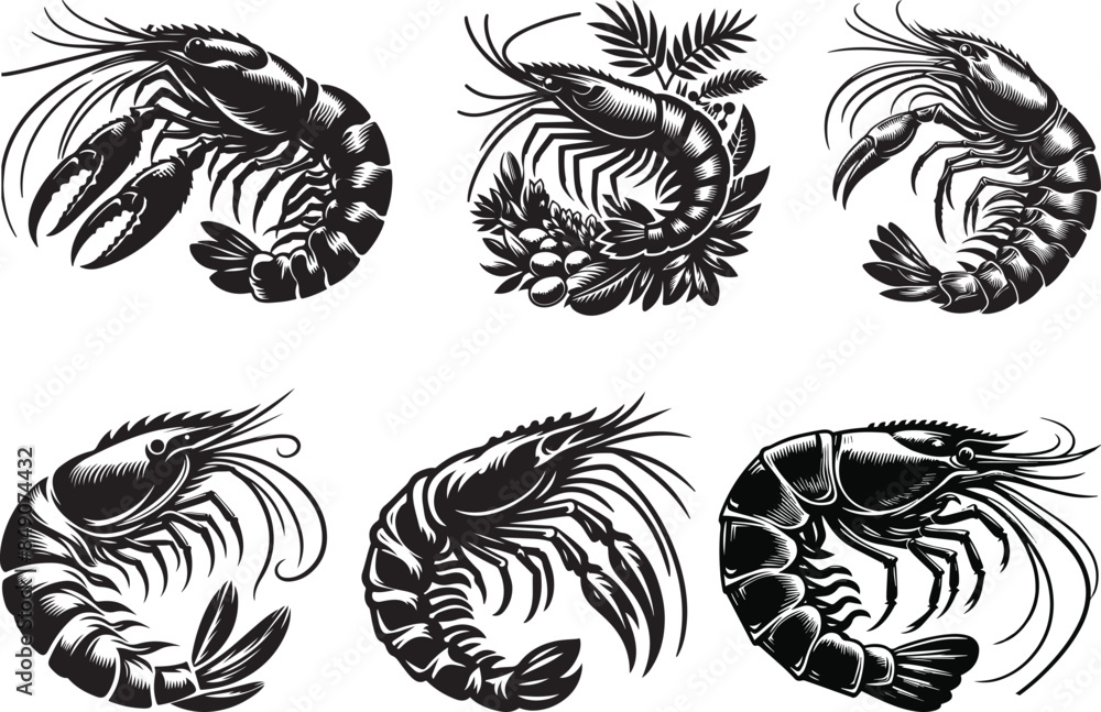 A set of vector silhouette image of Prawn. Art & Illustration. A set of vector silhouette image of Prawn. Art & Illustration.
