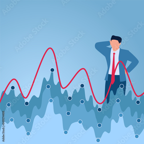 A confused man looks at a stock chart that goes up and down, an illustration of volatility.