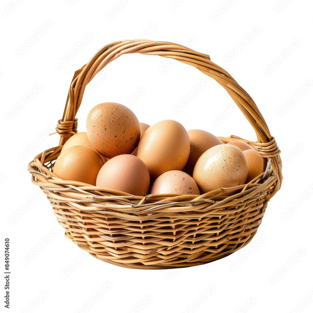 Basket with brown eggs isolated on transparent background, showcasing fresh organic farm produce and natural healthy ingredients. Basket with brown eggs isolated on transparent background, showcasing fresh organic farm produce and natural healthy ingredients.