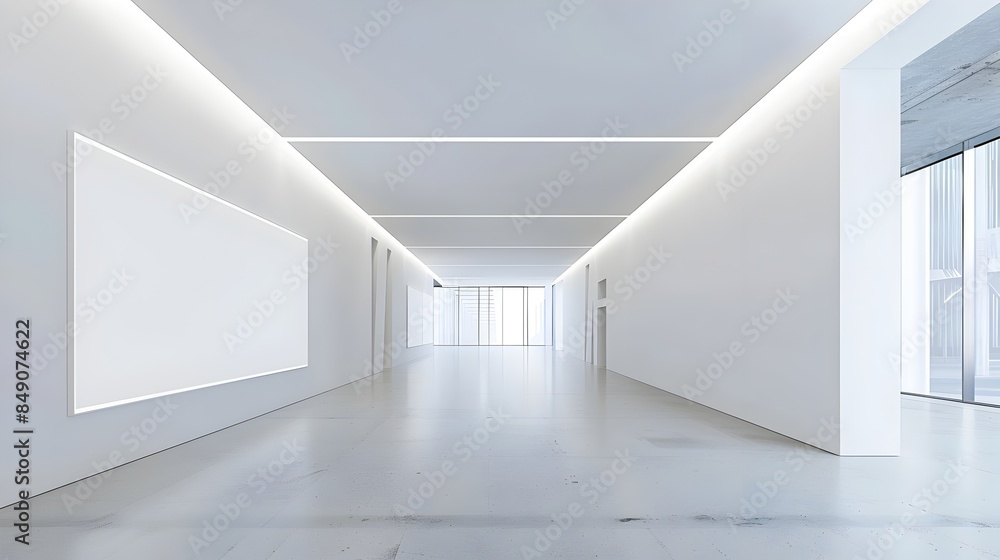 Crisp White Exhibition Hall with Blank Advertising Displays for Professional Photography Crisp White Exhibition Hall with Blank Advertising Displays for Professional Photography