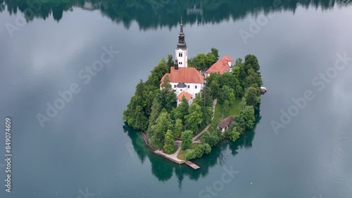 Aerial drone view of Bled island on lake Bled in Slovenia