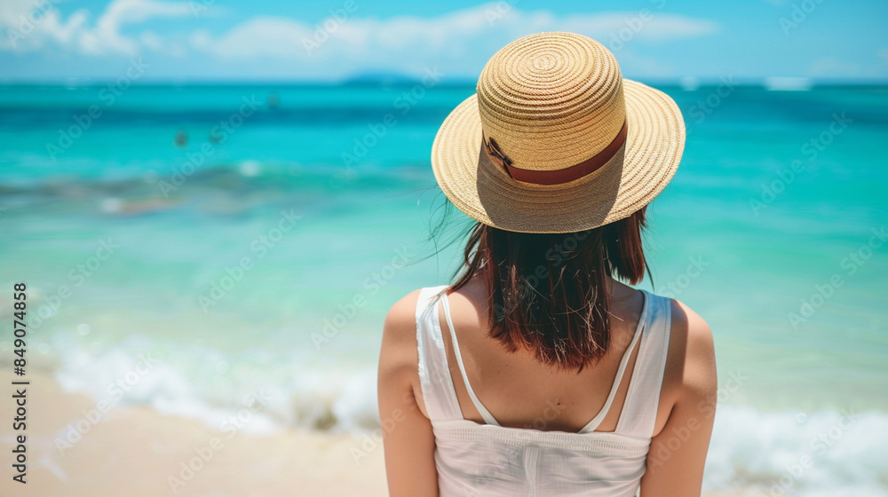A woman wearing a straw hat is standing on a beach A woman wearing a straw hat is standing on a beach