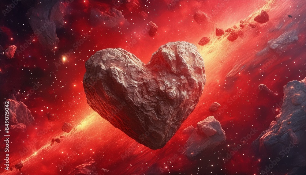 Love's Cosmic Embrace: Journey through the Heart-shaped Asteroid in the Crimson Nebula Love's Cosmic Embrace: Journey through the Heart-shaped Asteroid in the Crimson Nebula