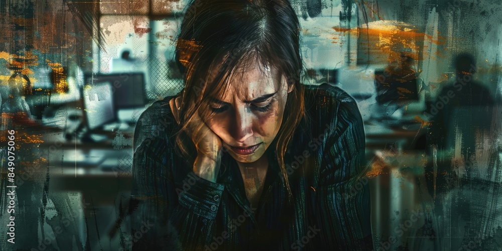 Stressed Businesswoman in Dimly Lit Office Stressed Businesswoman in Dimly Lit Office