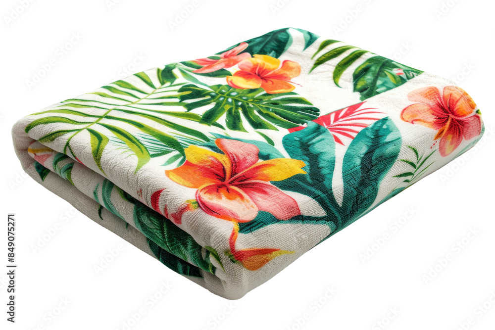 Folded tropical-themed beach towel with vibrant floral and leaf prints. Perfect for summer, vacations, and outdoor adventures.