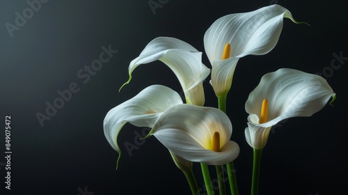 Fototapeta Naklejka Na Ścianę i Meble -  White Calla Lilies Against a Dark Background