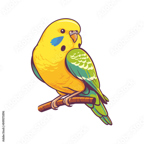 Vector green yellow budgerigar isolated on white background Parakeet on a branch, Bright Green Budgerigar, Parrot, Green Pet Parakeet, vector illustration