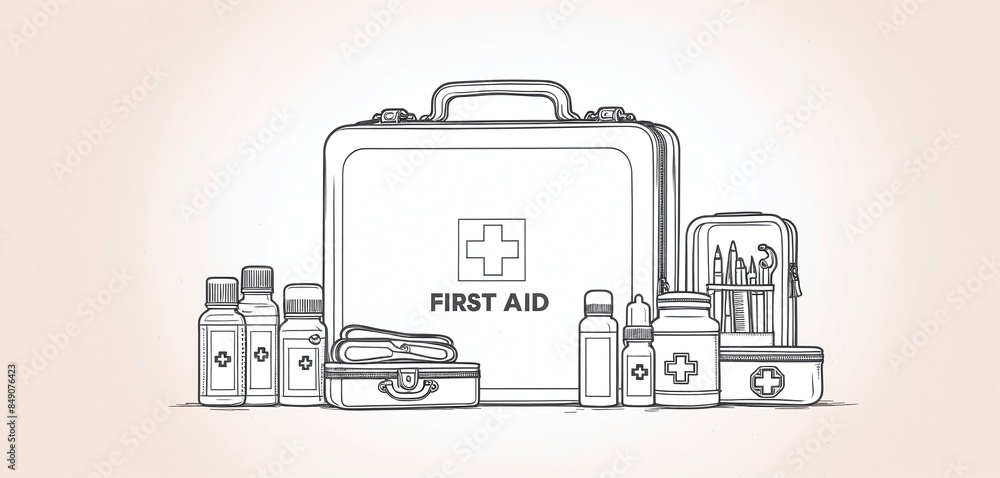 Illustrative representation of an emergency kit that can be used for the rapid treatment of injuries and must always be in the household and within reach so that you can act quickly Illustrative representation of an emergency kit that can be used for the rapid treatment of injuries and must always be in the household and within reach so that you can act quickly
