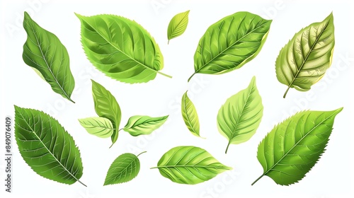 A set of ten green leaves of different shapes and sizes. The leaves are all rendered in a realistic style and have a transparent background.