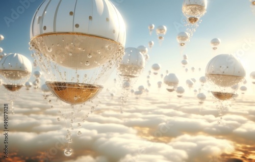 futuristic hot air balloons against the sky in white and gold colors