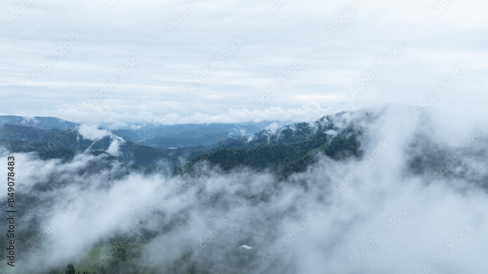 landscape of mountains and pine forest in thick summer fog in the area of Lake Teletskoye in Altai landscape of mountains and pine forest in thick summer fog in the area of Lake Teletskoye in Altai