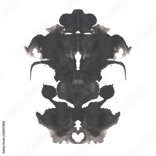 Rorschach watercolor inkblot test, black watercolor Rorschach symbol isolated on white background. 
