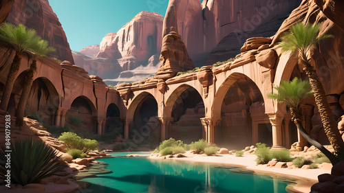  an illustration of a hidden oasis hidden within a desert canyon, with towering sandstone arches and emerald pools. photo