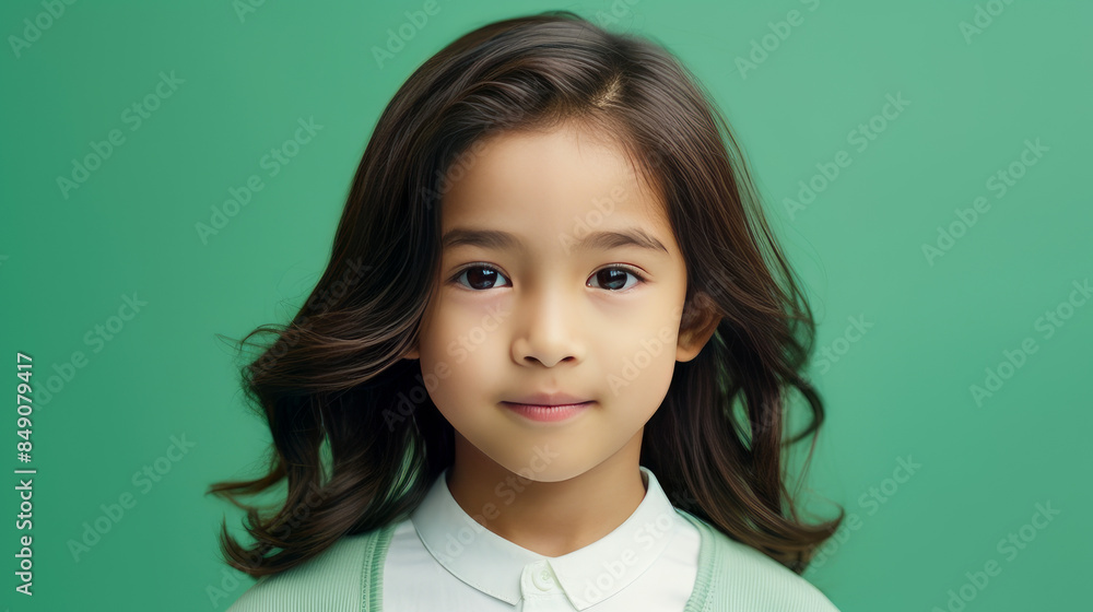 Portrait of a cute handsome happy Asian boy child with long hair and perfect skin, light green background, banner. Portrait of a cute handsome happy Asian boy child with long hair and perfect skin, light green background, banner.