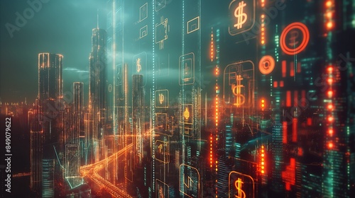 Cybernetic landscape with digital currency symbols integrated into futuristic city skyscrapers