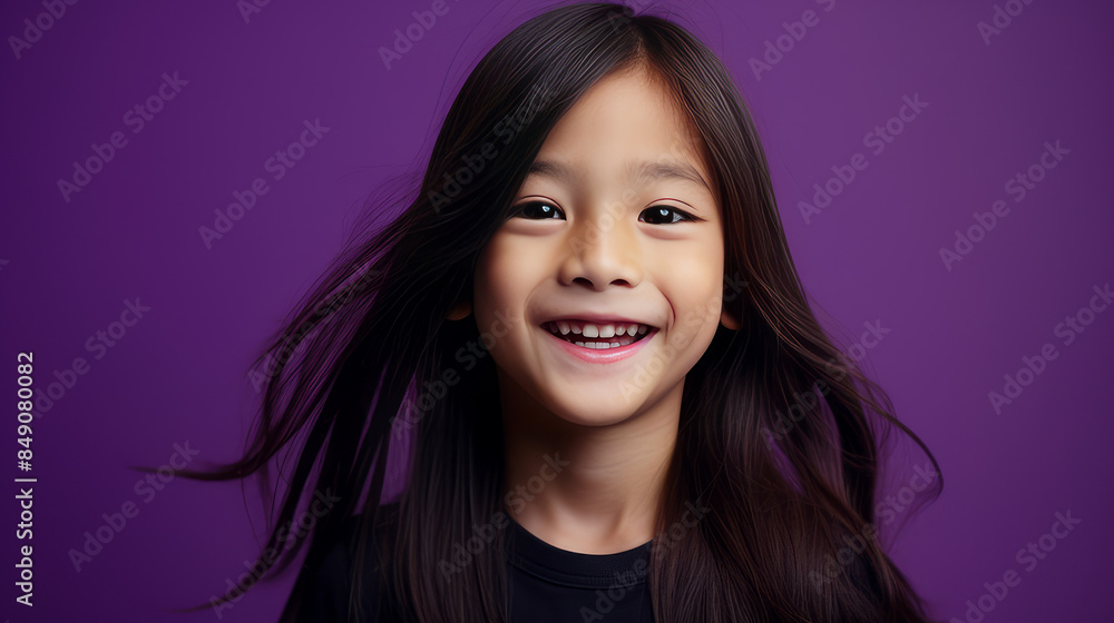 Portrait of a cute handsome happy Asian boy child with long hair and perfect skin, purple background, banner. Portrait of a cute handsome happy Asian boy child with long hair and perfect skin, purple background, banner.